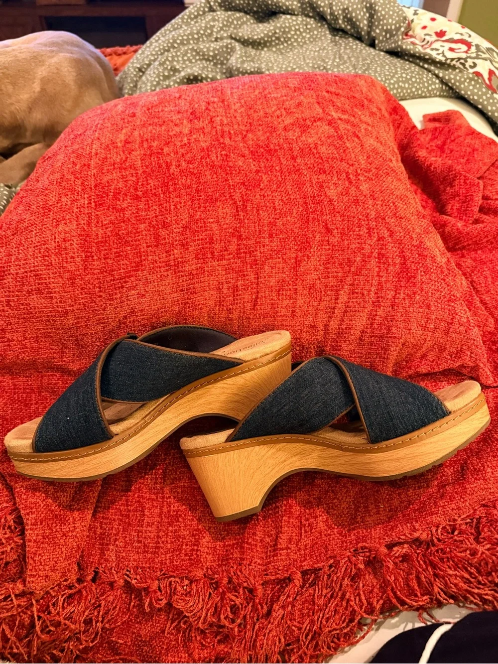 Clarks Denim Crossover Wedge Sandals with Tan Accents